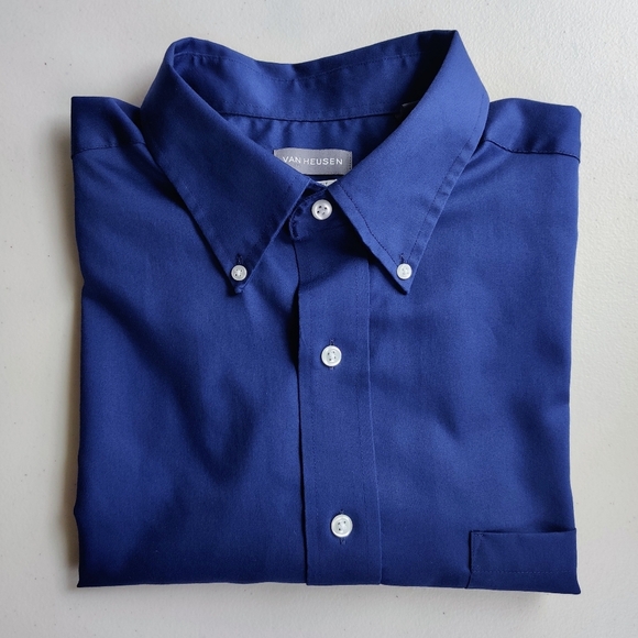 VAN HEUSEN Wrinkle Free Shirt L Navy Blue Short Sleeve Button Down Men's - Picture 3 of 9